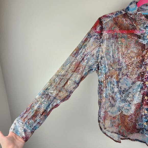 NWOT Anthropologie Pilcro Multicolored Floral Sequin Button Up Shirt Top sz S - Picture 4 of 12